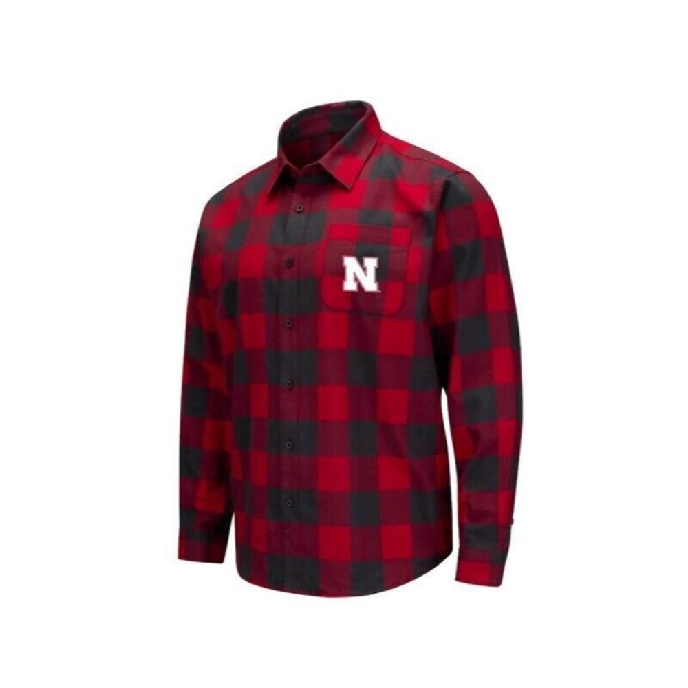 NCAA Mens Size S Nebraska Cornhuskers Plaid Flannel Long Sleeve Shirt Black Red